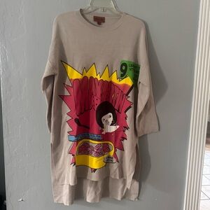 Mosiqina Beige Long Sleeve Sweater Dress with Graphic Print Large